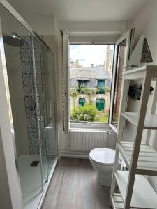 a bathroom with a toilet and a large window at Villa Roc Vaudieu - Charmante maison de pêcheurs in Étretat
