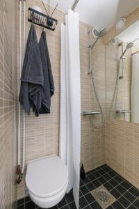a bathroom with a toilet and a shower at Apartment for one - grey in Tallinn