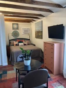 Schlafzimmer mit einem Bett, einem Tisch und einem TV in der Unterkunft Petite Cajun Cottage Tiny House in Lafayette