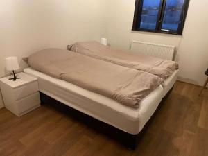 uma cama num quarto com uma mesa-de-cabeceira e uma cama sidx sidx em Hvolsvollur Central Apartment em Hvolsvöllur