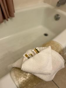 a towel sitting on a chair in a bath tub at Redwood Arms Motel in Paonia