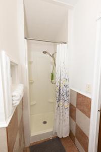 a shower with a shower curtain in a bathroom at 3-Bed Luxurious Home Close to NYC in Jersey City