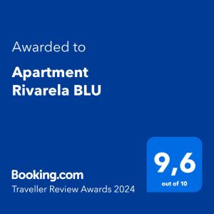 un cartello blu con il testo assegnato all'appartamento rivka blu di Apartment Rivarela BLU - newly renovated and top location near sea a Novigrad Istria