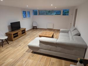 sala de estar con sofá y TV en Maison rénovée sur Laruns, en Laruns