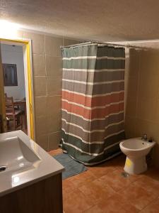 a bathroom with a shower curtain and a toilet at Retiro da Lua in Montargil +12 photos