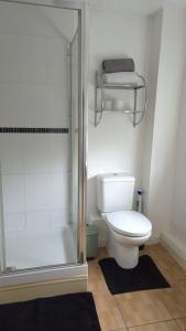 a white bathroom with a toilet and a shower at Spacious 2 bedroom 2 Bathroom Flat in Hatfield near Hertfordshire University with Private Car Park Sleeps 5-6 in Hatfield