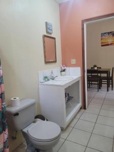 a bathroom with a white toilet and a sink at B Aparts Hotel in Coxen Hole