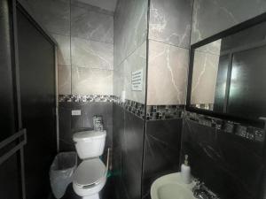 een badkamer met een toilet, een wastafel en een spiegel bij GR20acd Elva in Cuauhtémoc