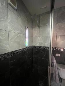 een badkamer met een douche en een wastafel bij GR20acd Elva in Cuauhtémoc