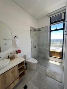 a bathroom with a shower and a toilet and a sink at Montecielo Hosting in Guatapé