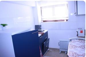 een blauwe keuken met een wastafel en een raam bij Wohnung nähe Porsche Museum in Stuttgart