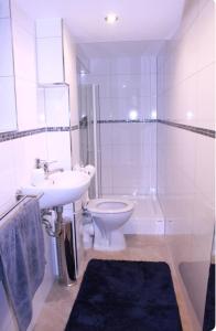 Un baño con lavabo, inodoro y ducha. en Wohnung nähe Porsche Museum, en Stuttgart