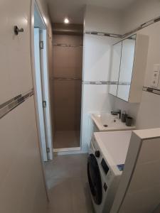 a bathroom with a washing machine and a sink at Cozy apartment close to the airport in Budapest