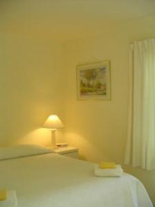 a bedroom with a bed and a lamp and a window at Heriot Lane City Apartments in Dunedin
