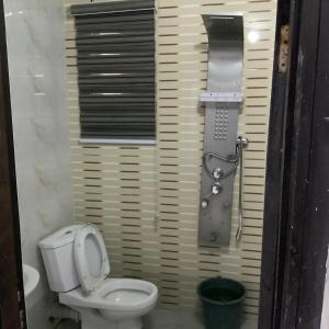 a bathroom with a white toilet and a shower at BLUE MOON HOTELS VICTORIA ISLAND in Lagos