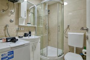 een badkamer met een douche, een toilet en een wastafel bij COMFORT APARTMENT NEAR THE BEACH in Budva