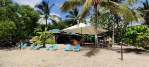 a group of chairs and an umbrella on the beach at Lance Aux Epines Cottages in Lance aux Épines