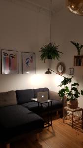 a living room with a couch and a laptop on a table at Cozy room in Neukölln , Kreuzberg in Berlin