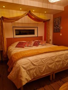 ein Schlafzimmer mit einem Bett mit Kissen darauf in der Unterkunft Home Gãyatri in Angé