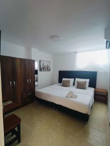 a bedroom with a large bed and wooden cabinets at Suite Hermosa ven descansa o trabaja El Rodadero Santa Marta in Gaira