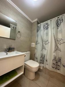 a bathroom with a toilet and a sink and a shower curtain at Confortable Dpto 2D y 2 baños in Los Ángeles