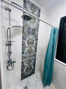 La salle de bains est pourvue d'une douche avec rideau de douche. dans l'établissement Secrets Room Baku, à Baku