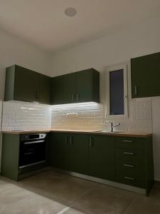 a kitchen with green cabinets and a sink and a window at The Dice in Pachaina