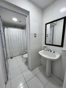 een badkamer met een wastafel, een toilet en een spiegel bij Del Estero in Santiago del Estero