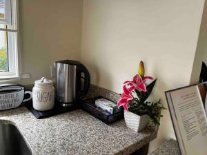 a counter top with a coffee maker and a flower at BellaRose at Colbeck ,Gated with Pool, Stylishly modern in Old Harbour