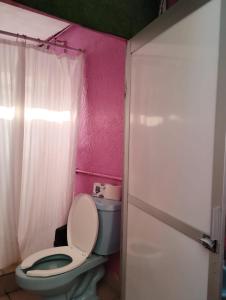 a bathroom with a toilet and a pink wall at Alo México in Mexico City