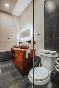 uma casa de banho com um WC e um lavatório em New La Manzanilla Paradise Vibrant Pool Home em La Manzanilla