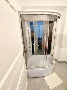 um chuveiro com uma porta de vidro na casa de banho em R24, ROSE house em Ljubljana