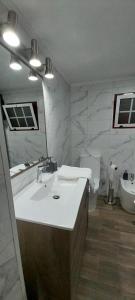 a bathroom with a sink and a mirror and a toilet at Casa das Pedras Altas in Lajes do Pico