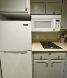 a kitchen with a white refrigerator and a microwave at Cozy Aksarben Living-close to I-80 & WFH desk in Omaha