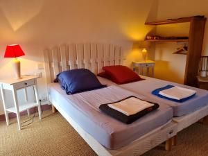 um quarto com uma cama grande com almofadas azuis e vermelhas em Gîte Beaulieu-sur-Loire, 3 pièces, 5 personnes - FR-1-590-33 em Beaulieu-sur-Loire