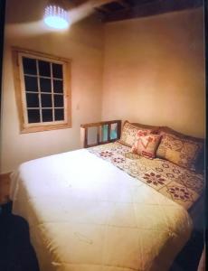 1 dormitorio con 1 cama blanca grande con almohadas en Cabaña bosque, en Recinto