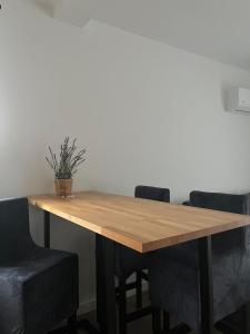 una mesa de madera con sillas y una maceta. en Włostowicka Ostoja Apartament, en Puławy