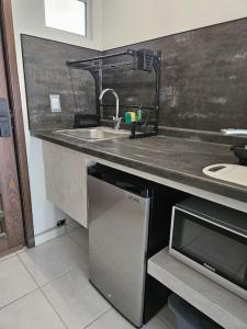 a kitchen with a sink and a microwave at Depas MiniLoft in Guadalajara