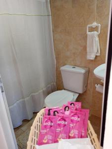 een badkamer met een toilet met roze zakken bij Posada la Península in Gualeguaychú