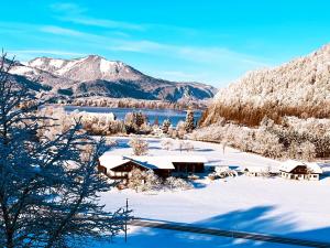 a cabin in the snow with a lake and mountains at Wolfgangsee Seeblickplatzl in Strobl