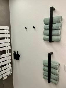 a bathroom with green towels hanging on a wall at Wolfgangsee Seeblickplatzl in Strobl