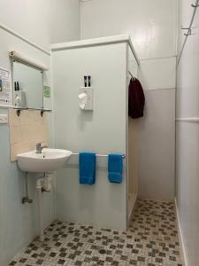 een kleine badkamer met een wastafel en een spiegel bij North Gregory Hotel in Winton