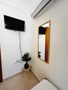 una habitación con espejo y una planta en la pared en Hermanos, en Flogita