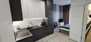 una cocina con armarios en blanco y negro y fregadero en Villa Nova Apartamenty, en Olsztyn