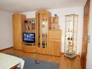 a living room with a television and wooden cabinets at Lovely apartment in Apartment Lina in Pilsum