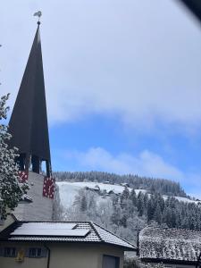 een kerk met een toren en een met sneeuw bedekte berg bij Hotel krone habitación doble in Zäziwil