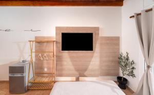 una camera da letto con TV a parete di Eagle's Nest City Apartments a Aigio