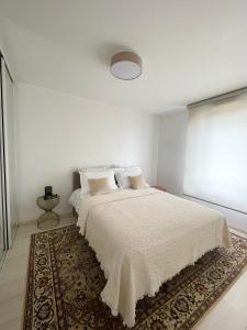 Robertsau, jardin en ville في ستراسبورغ: غرفة نوم بيضاء مع سرير كبير مع سجادة