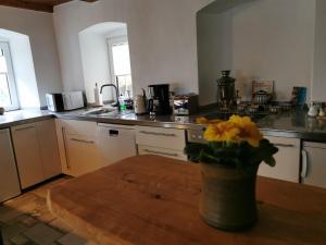 a kitchen with a table with a vase of flowers on it at Ferienhaus Emilia in Wilthen