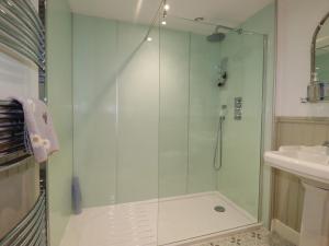 uma cabina de duche em vidro na casa de banho com um lavatório em Beagle Cottage em Saint Dennis